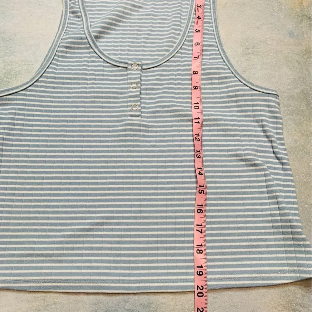 Aerie Blue & White Striped Ribbed Cropped Henley Tank Top | Medium - Picture 6 of 7
